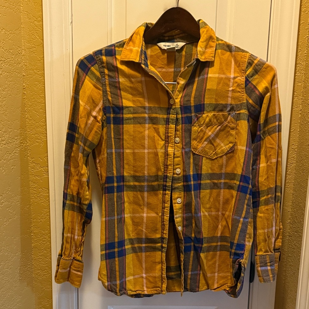 Old Navy Mustard and Navy Checkered Button-Down Flannel Shirt